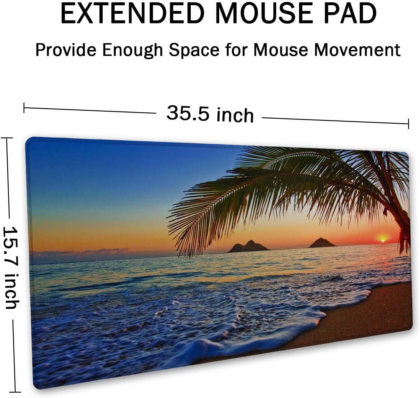 Extended Gaming Mouse Pad - Non-Slip Water-Resistant Rubber Base Computer Keyboard Mouse Mat, 35.4 x 15.7-inch XX-Large Desk Mat, Ideal Partner for Work & Game, Pacific Sunrise at Lanikai Beach