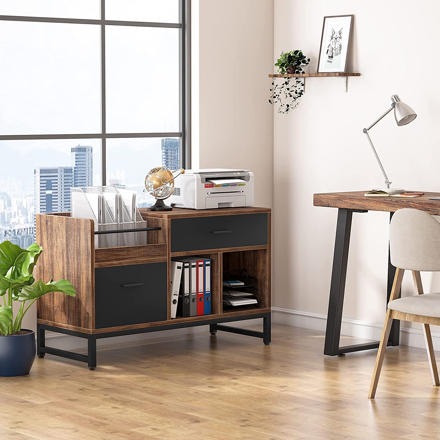 Tribesigns 2 Drawers File Cabinet, 39 inch Lateral Filing Cabinet with Open Storage Shelves for Home Office, Rustic Brown