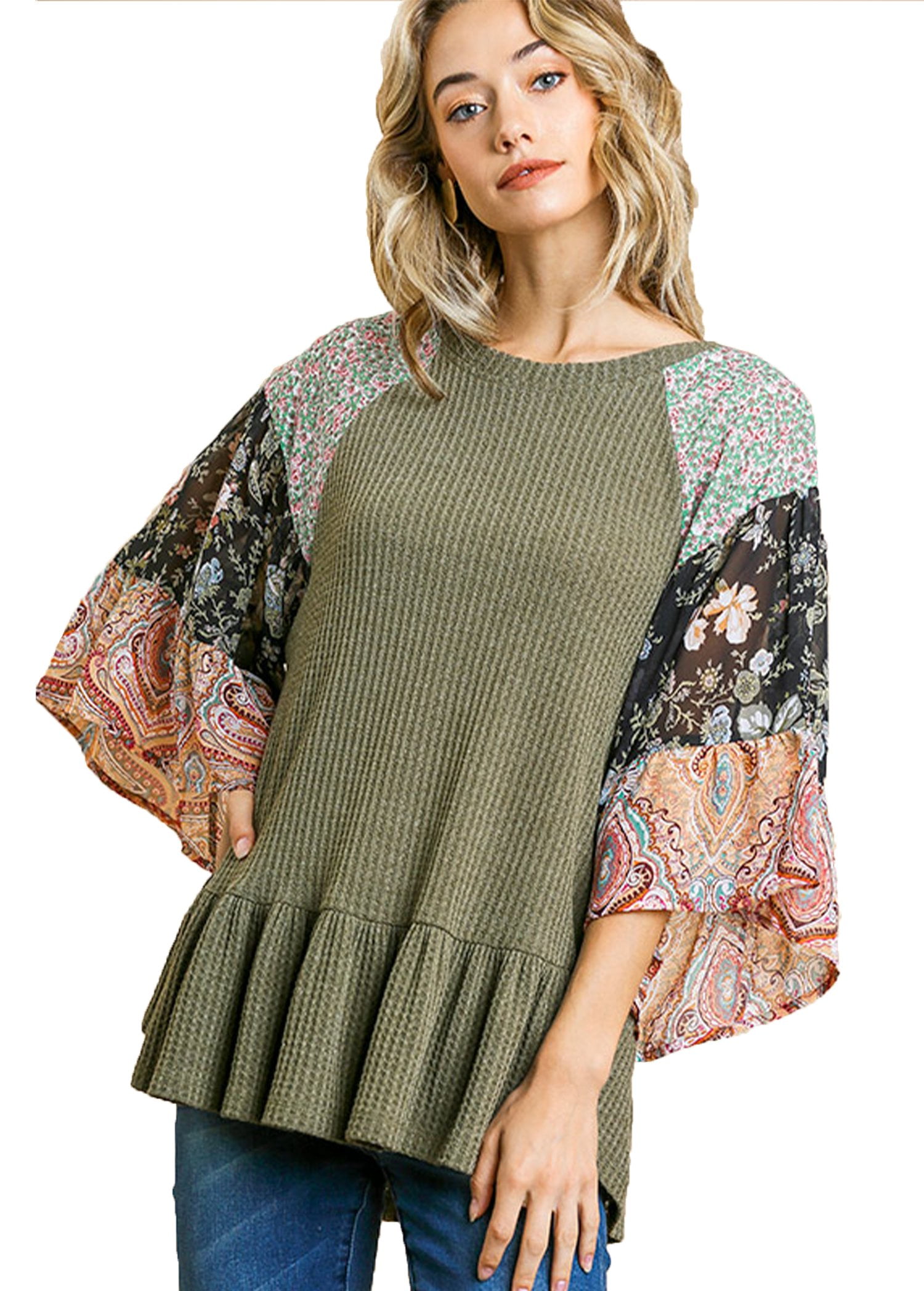 Umgee Womens Floral Mixed Print Puff Sleeve Knit Top 