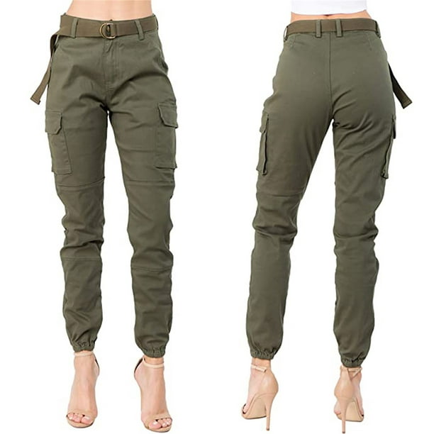 Women's High Waist Slim Fit Jogger Cargo Solid Color Trendy Pants Multi- pocket Trackpants for Women with Matching Belt A1 