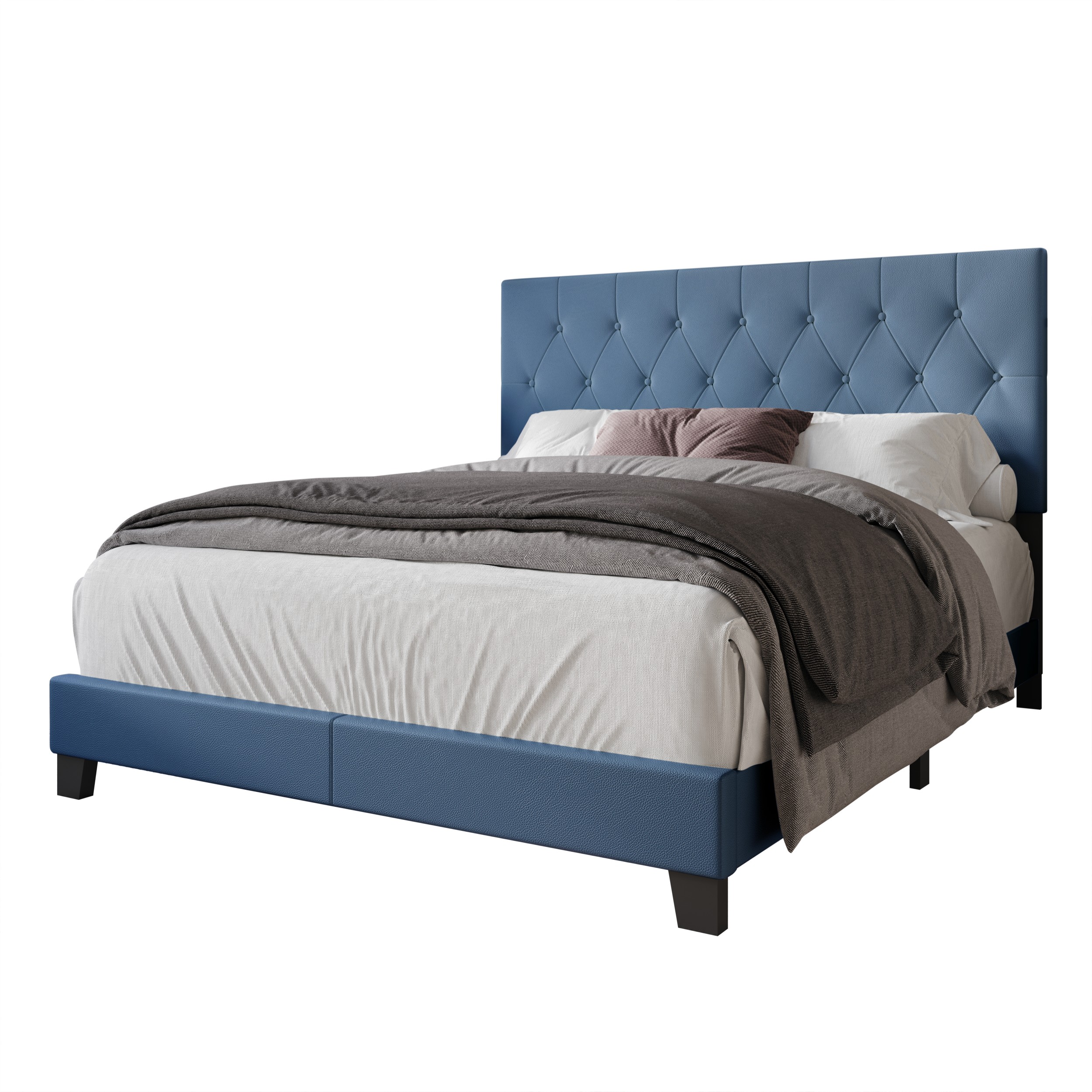 Home Design Omaha Full Tufted Upholstered Panel Bed Frame, Blue, Easy Assembly