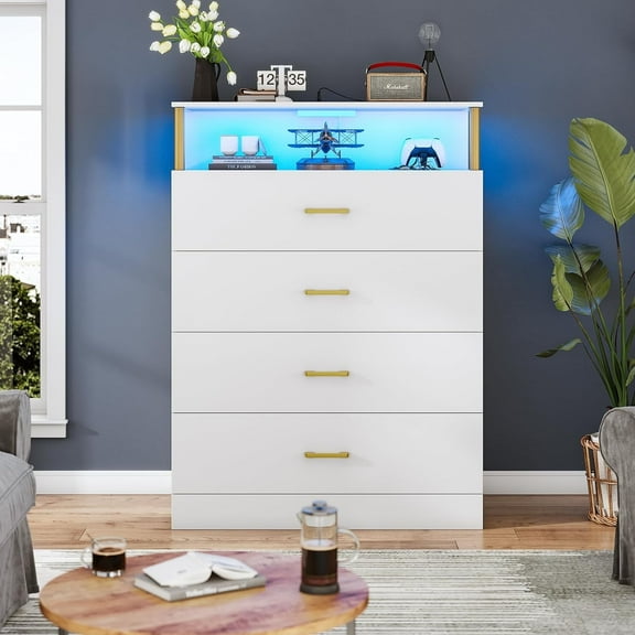 CalmOasis 4 Drawer Dresser Chest, Modern Chest Organizer with 4 Drawers for Bedroom, LED Lights, White Finish