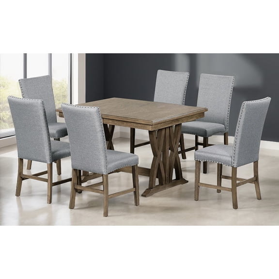 Lisonu 7-Piece Mid-Century Modern Extendable Dining Set, 60" Kitchen Table with 12" Leaf & 6 Upholstered Chairs, Golden Brown & Gray