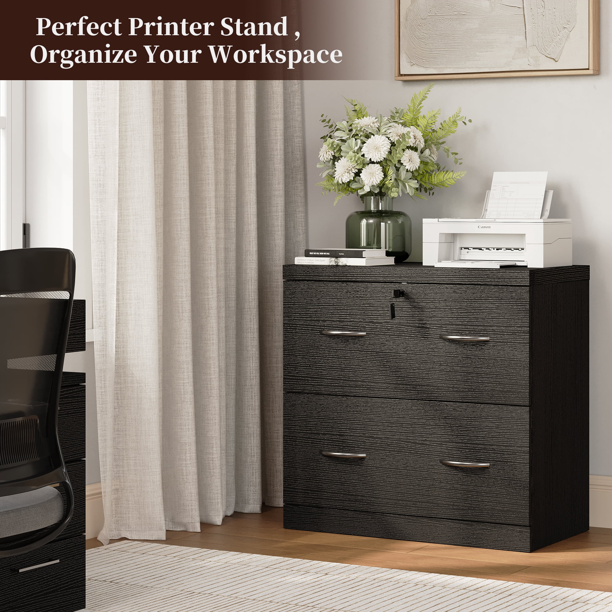 HMstone Farmhouse File Cabinet with Lock, 2 Drawer Lateral File Cabinet for Printer Stand, Large Wood Filing Storage Cabinet for Home Office, Fits A4/Letter Size Files, Black