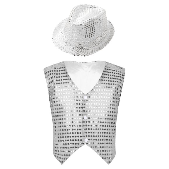 Rswnyirn Kids Girls Boys Shiny Sequins Dance Vest Waistcoat with Hat Set Jazz Tap Hip Hop Street White 160