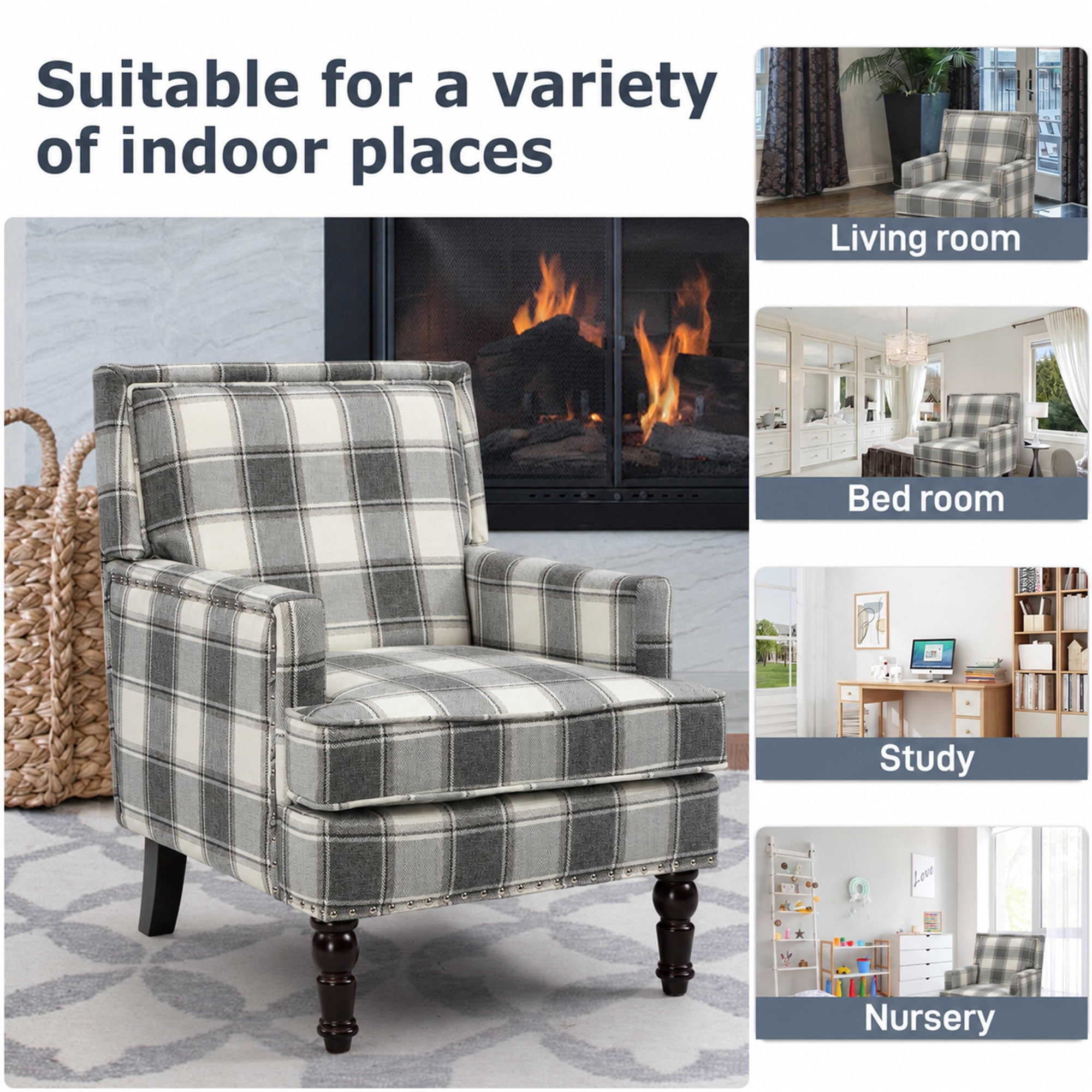 Aukfa Vintage Accent Chair Mid-Century Modern High Back Armchair for Living Room, Nailhead Trim, Antique Grey