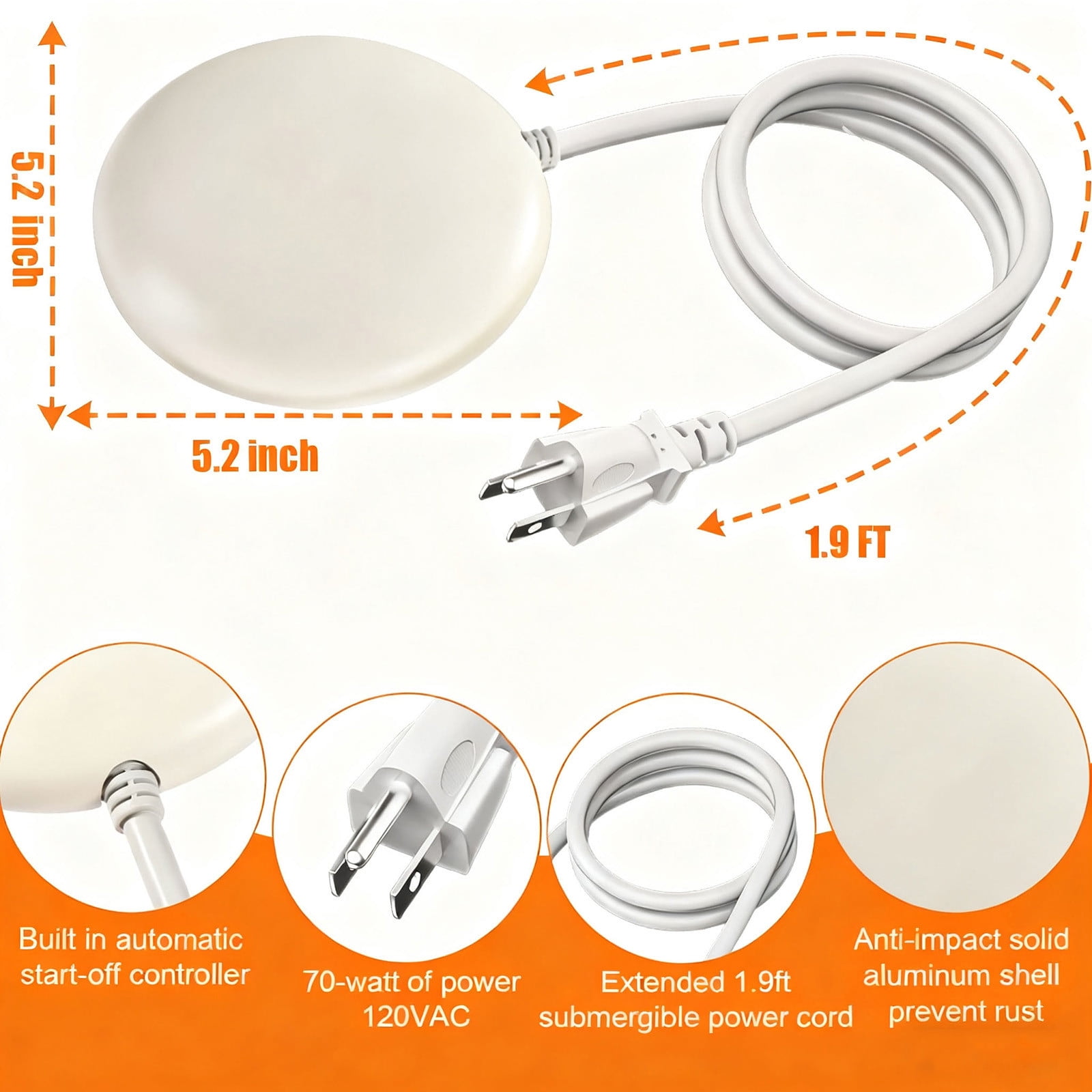 JGJJUGN Submersible Water Heater for Livestock Stock Tank Deicer, Automatic Thermostat Control Ice Melter, Non-Conductive Pond Heater, 70W Durable Winter Bath Heating Element