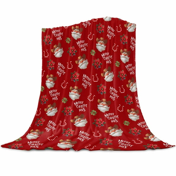 Western Christmas Flannel Blanket for Bed,Travel and Camping, Cowboy Santa Poinsettia Super Soft Cozy Blanket for All Seasons 32"x48"
