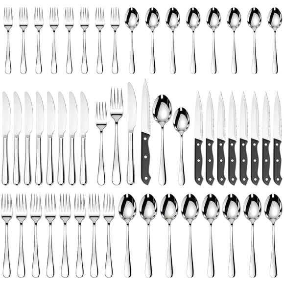 Astercook Silverware Set 48-Piece Flatware with Steak Knives Food-Grade Stainless Steel Cutlery for 8 Mirror Polished Utensils Set Include Spoons and