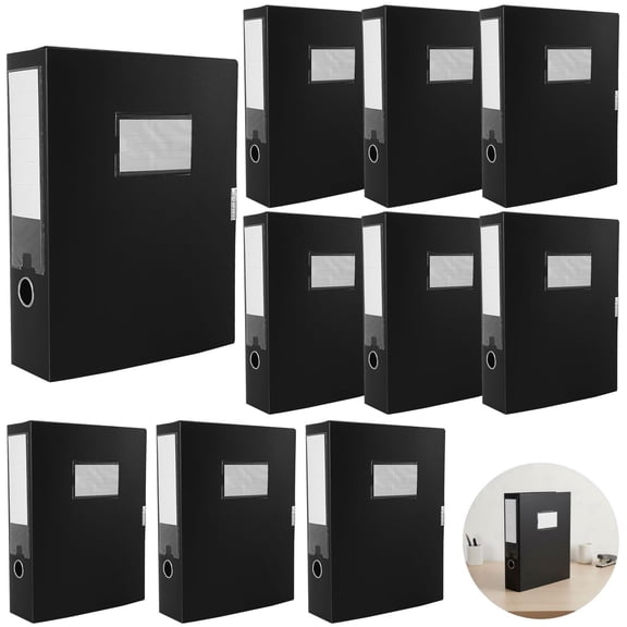 10 Pcs A4 File Boxes, Black Plastic Document Storage Filing Boxes, PP File Organizers with Label Windows, Foolscap Folders for Office, Home, Library, and Archive Storage