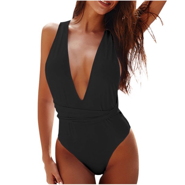 Trajes de Baño de Bikini de Mujer Color Sólido V Cuello Encaje Arriba sin Espalda Ajustado, Nylon de Corte Alto para la Piscina de Playa