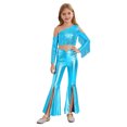 thumbnail image 3 of iiniim Girls Sparkly Dance Outfits Sequin Crop Top and Metallic Flare Pants Kids Hip Hop Disco Light Blue 6, 3 of 7