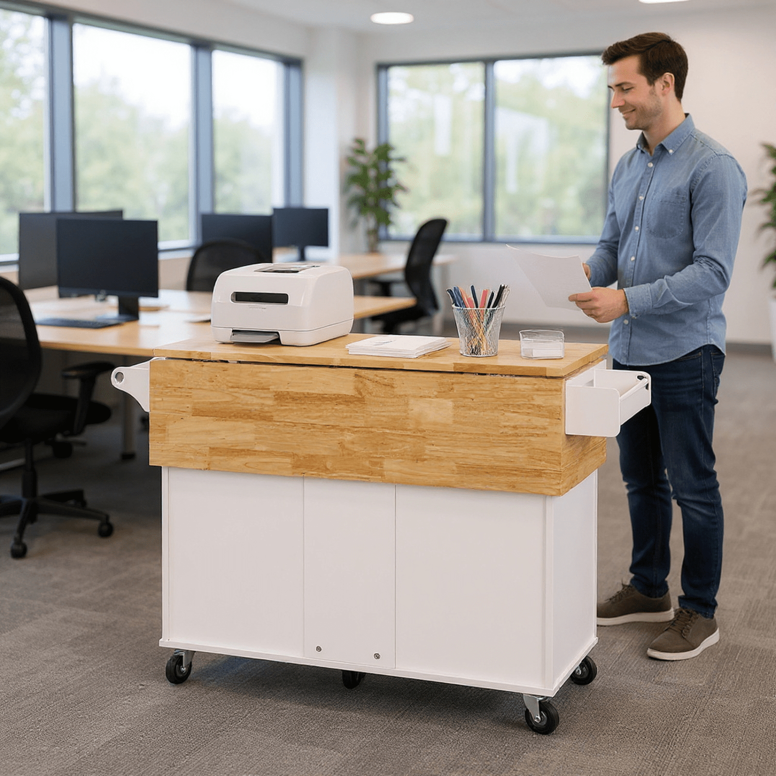 Homy Casa Multi-Purpose Rolling Utility Cart with Solid Wood Top, 3 Drawers, and Cabinet Storage