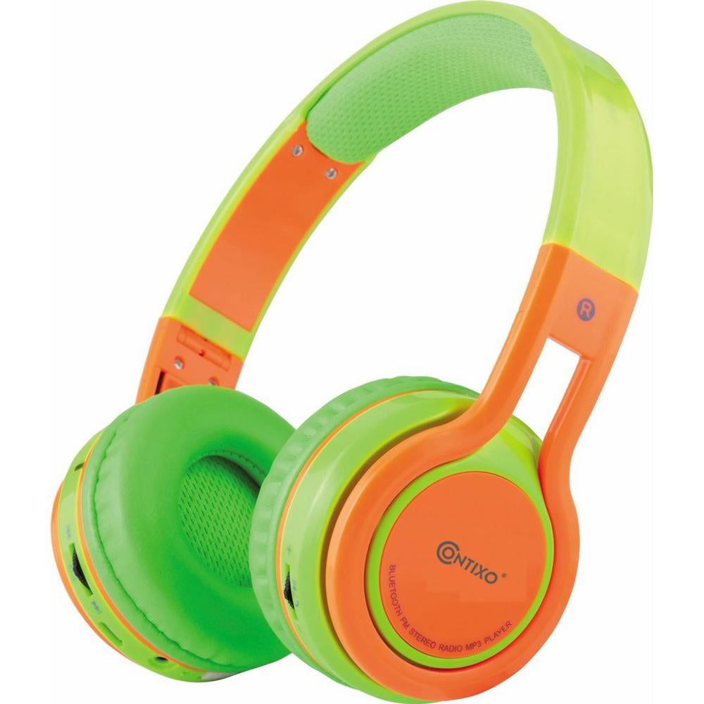 Contixo Kid Safe 85db Over the Ear Foldable Wireless Bluetooth Headphone w/ Volume Limiter, Built-in Micro Phone, Micro SD card Music Player, FM Stereo Radio, Audio Input & Output (Green + Orange)