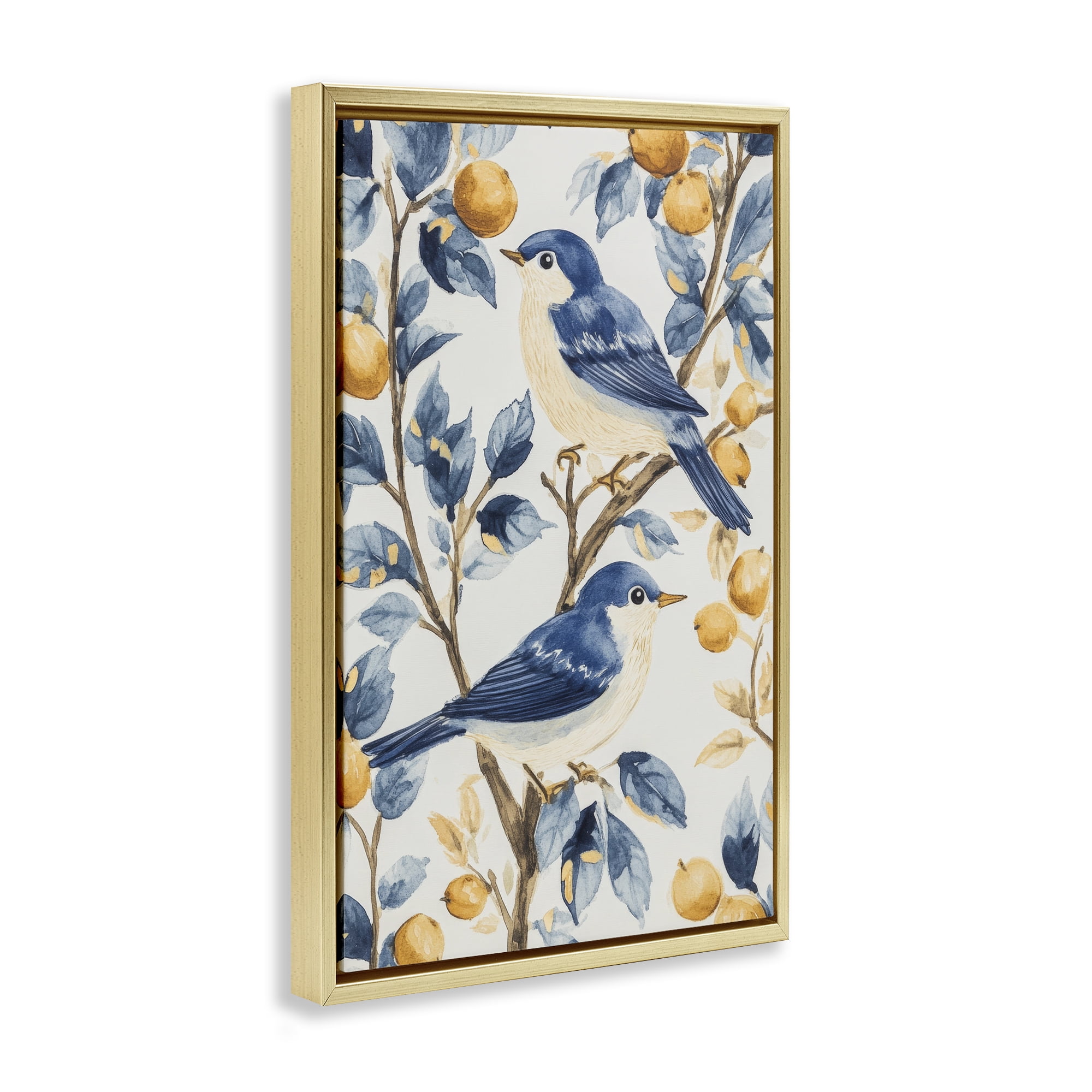 Stupell Industries Sweet Blue Birds on Lemon Branch Gold Framed Floater Canvas Wall Art, design by Petal Prints Design