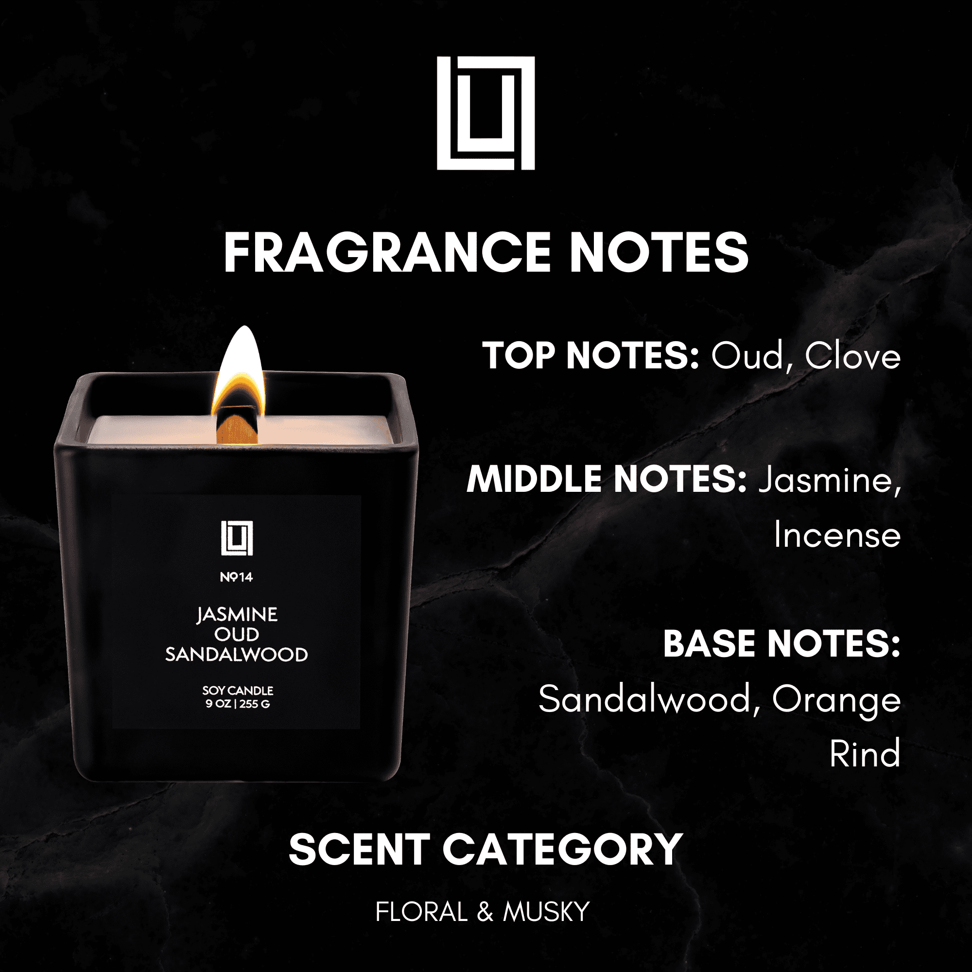 Lulu Candles | Jasmine, Oud & Sandalwood | Luxury Wood Wick Candle in Matte Black Jar – Highly Scented Soy Candle with Incense, Citrus & Clove | Long Lasting, Aromatherapy Candle, Gift for All
