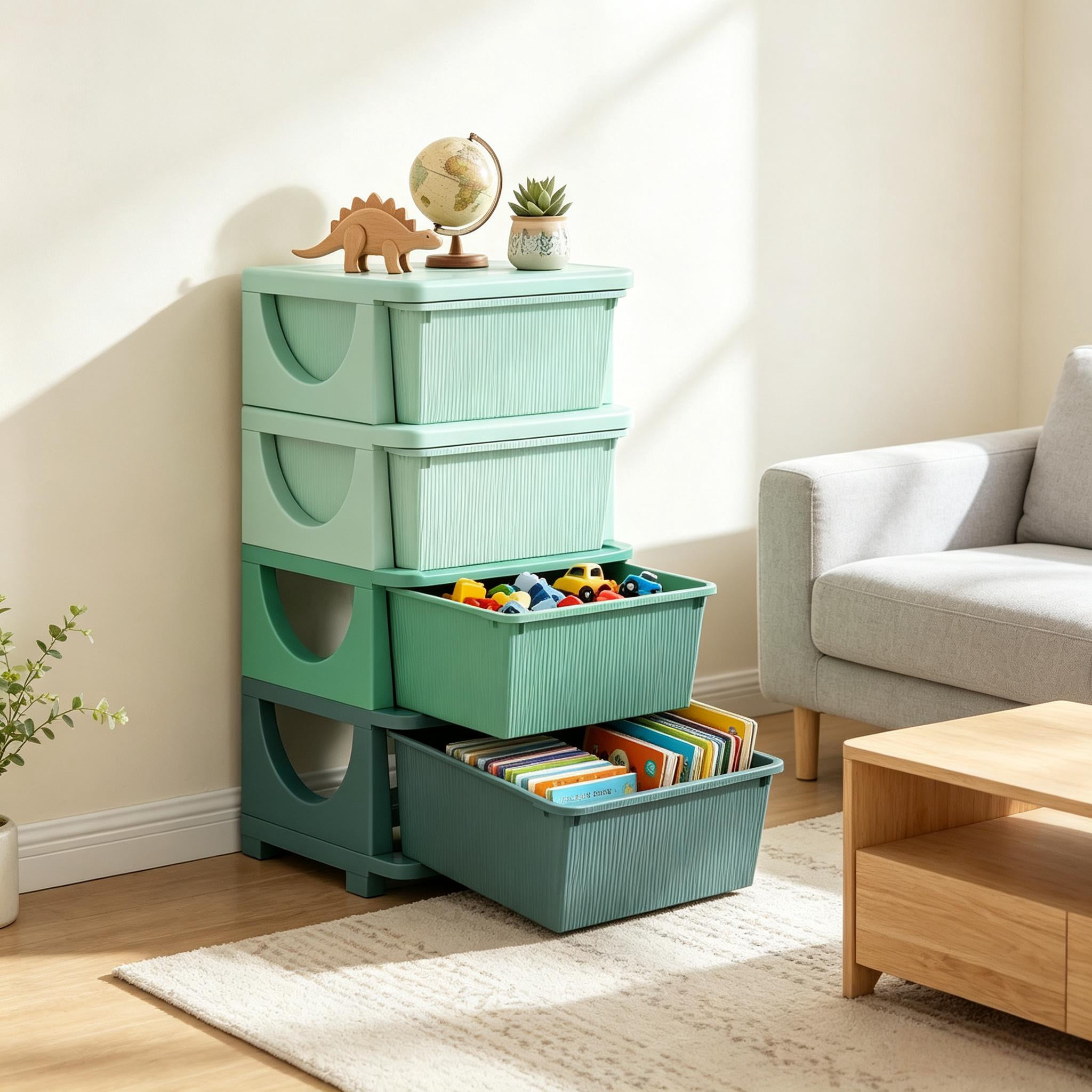 Modern Toy Storage Drawers,Multi-Tier Playroom Organizer,Child-Friendly Storage Tower,Space-Saving Vertical Drawer Unit