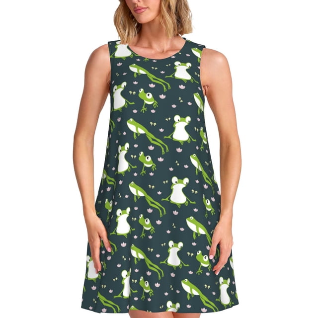 Fotbe Green Frogs Vestido de Verano sin Mangas para Mujer – Vestido Midi Línea A, Estilo Camiseta Floral, Vestido Playero Casual y Fluido