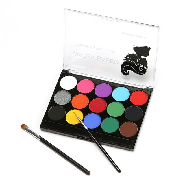 Amdohai Professional Face & Body Painting Kit with 15 colourful paints, including 2 pearl effect shades, and 2 brushes. The water-based paints are arranged in a sleek black palette with a clear lid, designed for face and body art. Safe, non-toxic, and hypoallergenic, this kit is suitable for sensitive skin. Includes two brushes for detailed application. Ideal for events like costume parties, Halloween, festivals, and cosplay.