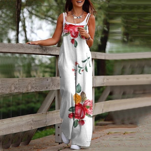 ICHUANYI Liquidación Mono informal sin mangas con tirantes y estampado de espaguetis, cintura alta, pierna ancha, mono con bolsillo ICHUANYI WER202308233080