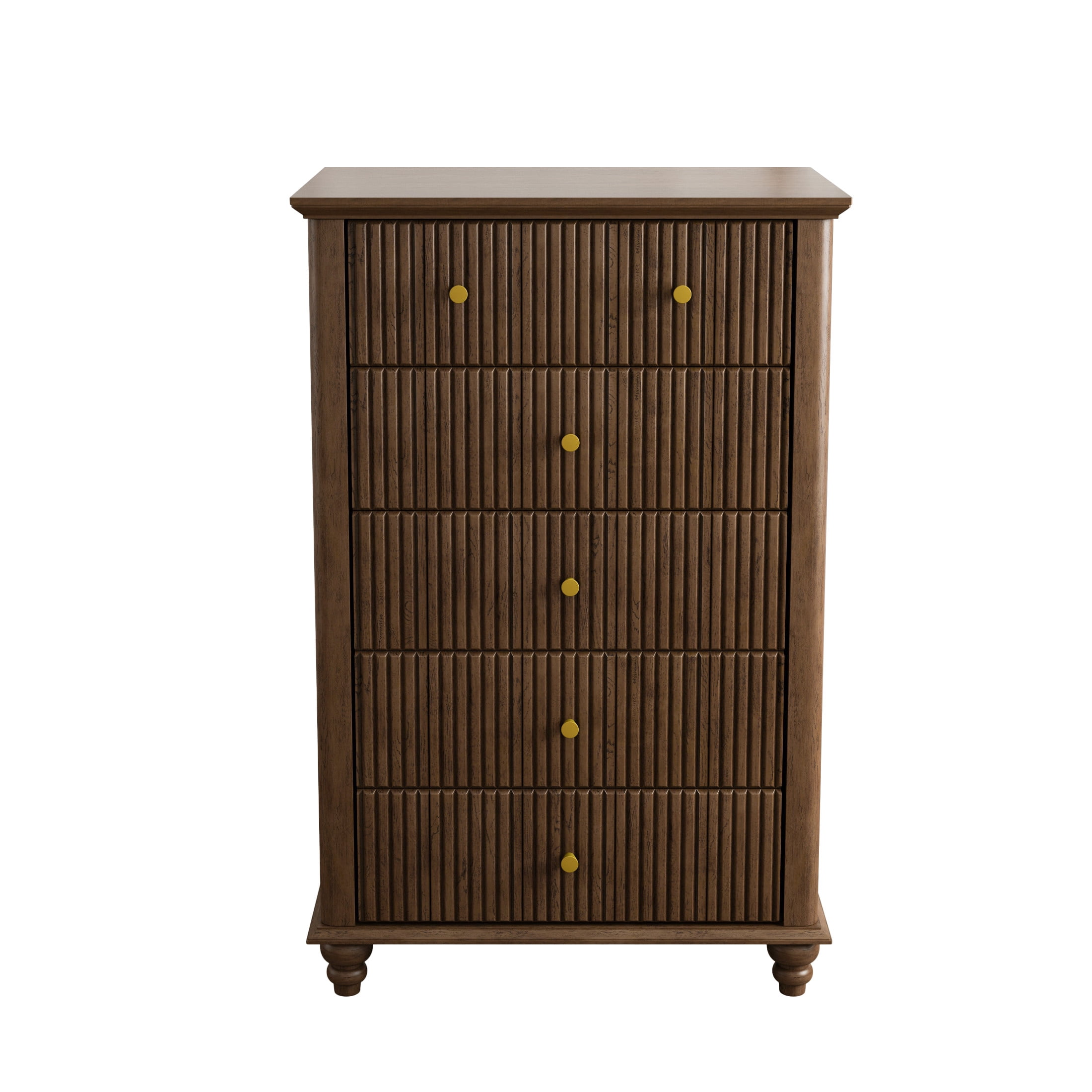 Noble House Harmon Fluted 5-Drawer Dresser, Modern Rubberwood Chest with Metal Handles, for Entryway, Bedroom, Walnut