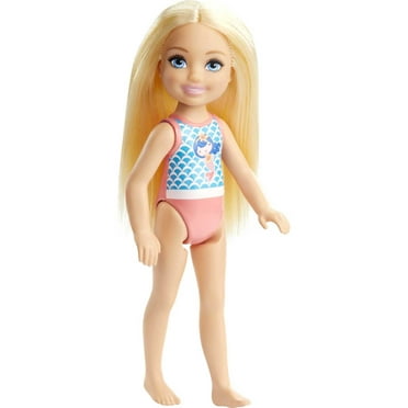 Barbie Club Chelsea Doll, Small Doll with Long Blonde Hair, Blue Eyes & Mermaid-Graphic Swimsuit