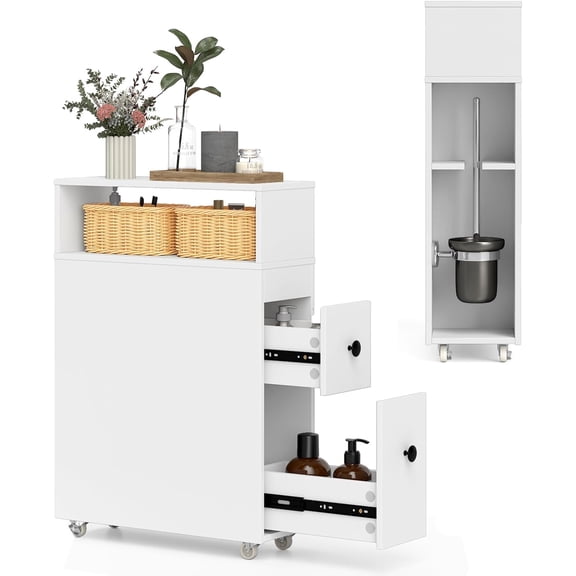 Small Bathroom Storage Cabinet - Slim Bathroom Organizer with Wheels, 2 Drawers, 2 Baskets, Brush Holder, Over The Toilet Storage Cabinet for Skinny Corner, Narrow Spaces Bathroom Storage