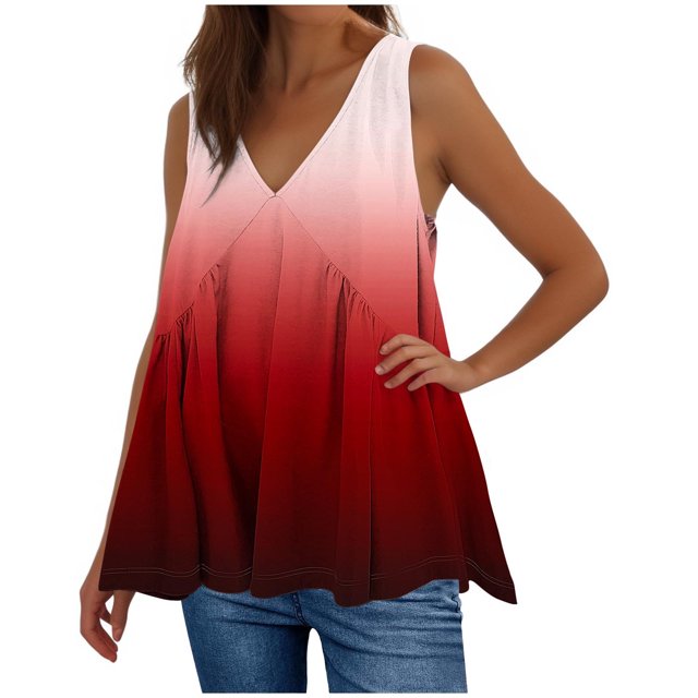 Plebaso V Neck Tank Tops for Women Gradient Color Ruffle Shirts Flowy Sleeveless Womens Summer Blouses