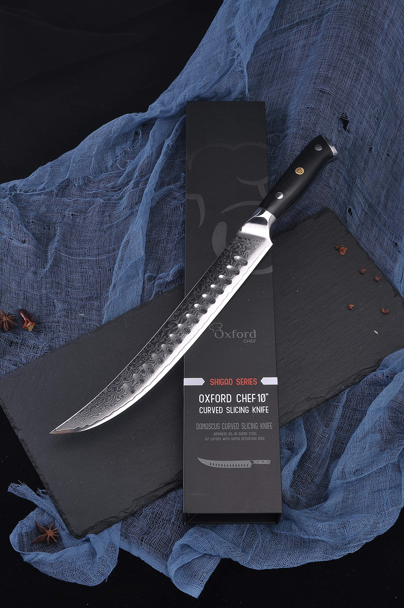 Curved Slicer (Butcher) Knife 10 Inch - Damascus Japanese VG10 Super Steel 67 Layer High Carbon Stainless Steel Oxford Chef