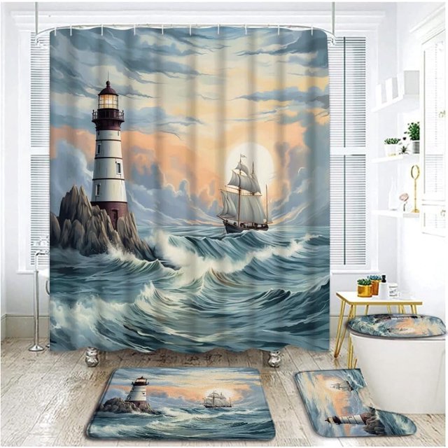 Juego de 4 cortinas de ducha con diseño de faro costero, alfombras y tapa de inodoro, diseño vintage de velero náutico, playa, amanecer, atardecer, océano azul, olas del mar, pintura al óleo, cortina