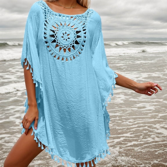 Conairie Swim Suit Coverup For Women Short Sleeve Loose Fringe Bathing Suits Cover Up Summer Bikini Vacation Midi Dress Outfits Blue One Size