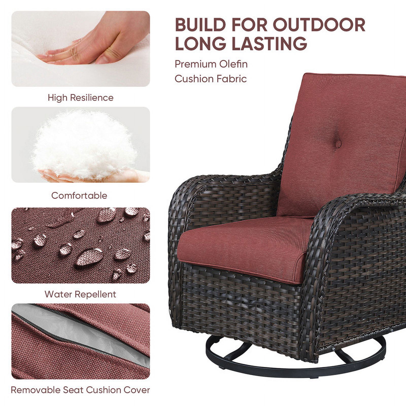 PARKWELL 3-Piece Outdoor Swivel Gliders with Thick Cushions and Side Table - Rattan Wicker Bistro Furniture Set - Brown Wicker and Red Cushion