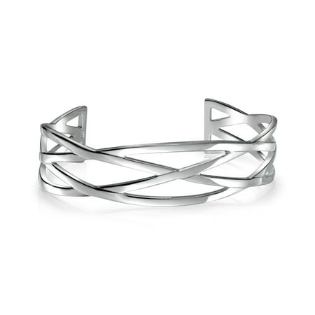 Silver High Polish Cuff Open Criss Cross Cuff Bangle Bracelet For Women Polished Silver Tone Stainless Steel ()