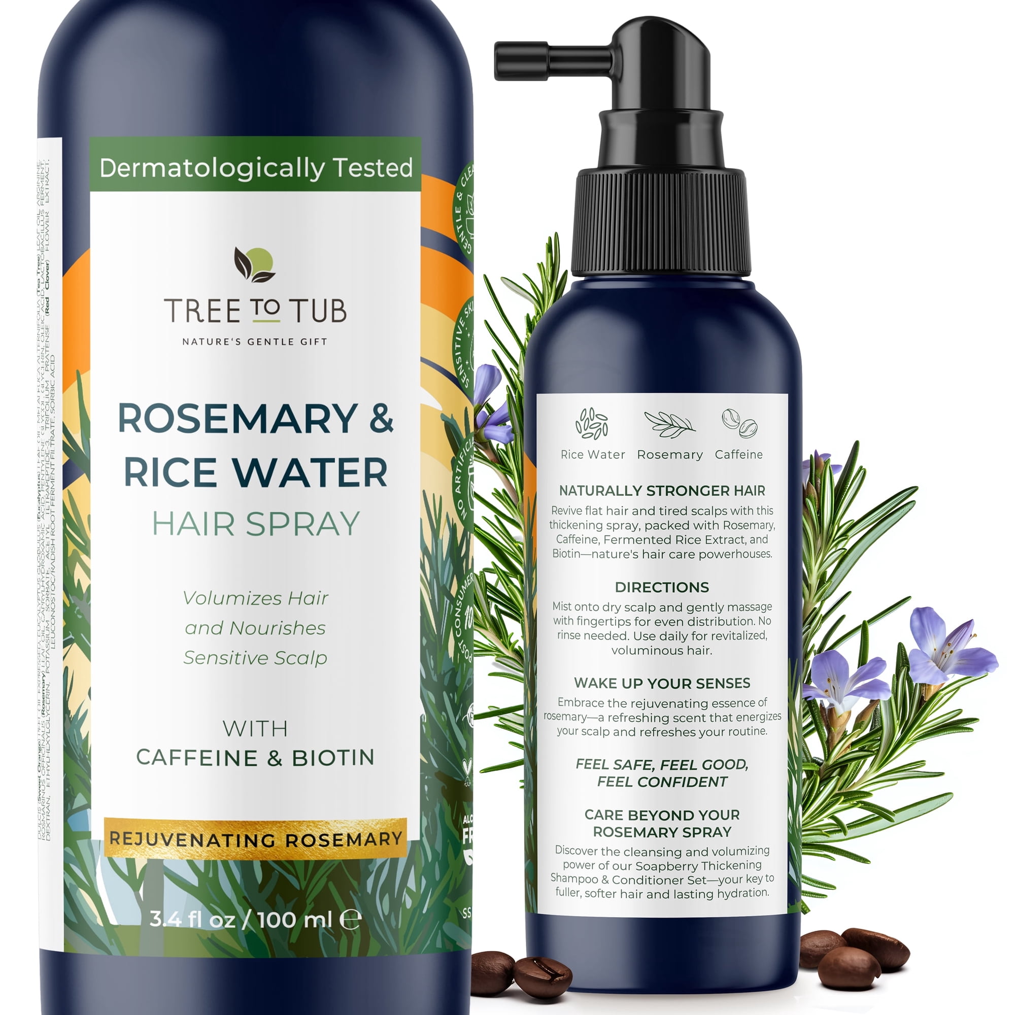 Tree To Tub Rosemary Water Spray for Hair - Fermented Rice Water to Nourish Dry Scalp for Women & Men - Caffeine to Strengthen & Support Natural Growth
