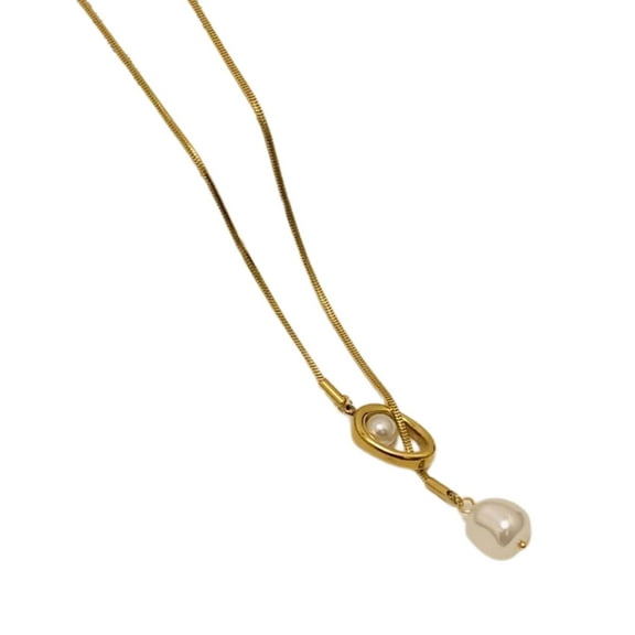 FENOHREFE Modern Baroque Pearls Pendant Long Necklace Featuring Adjustable Chain Designs for Women's Fashion Sweater Jewelry