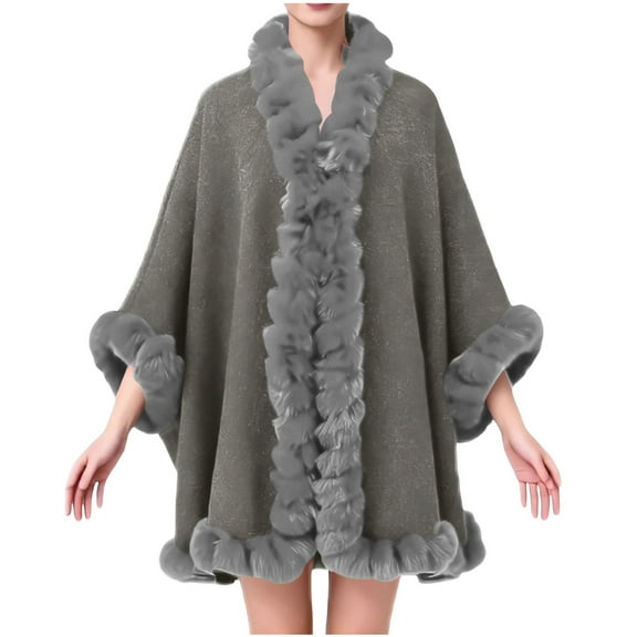 YYDGH Women's Faux Fur Shawl Wrap Winter Cape Poncho with Fur Trim Sleeveless Cardigan Dressy Cloak Coats