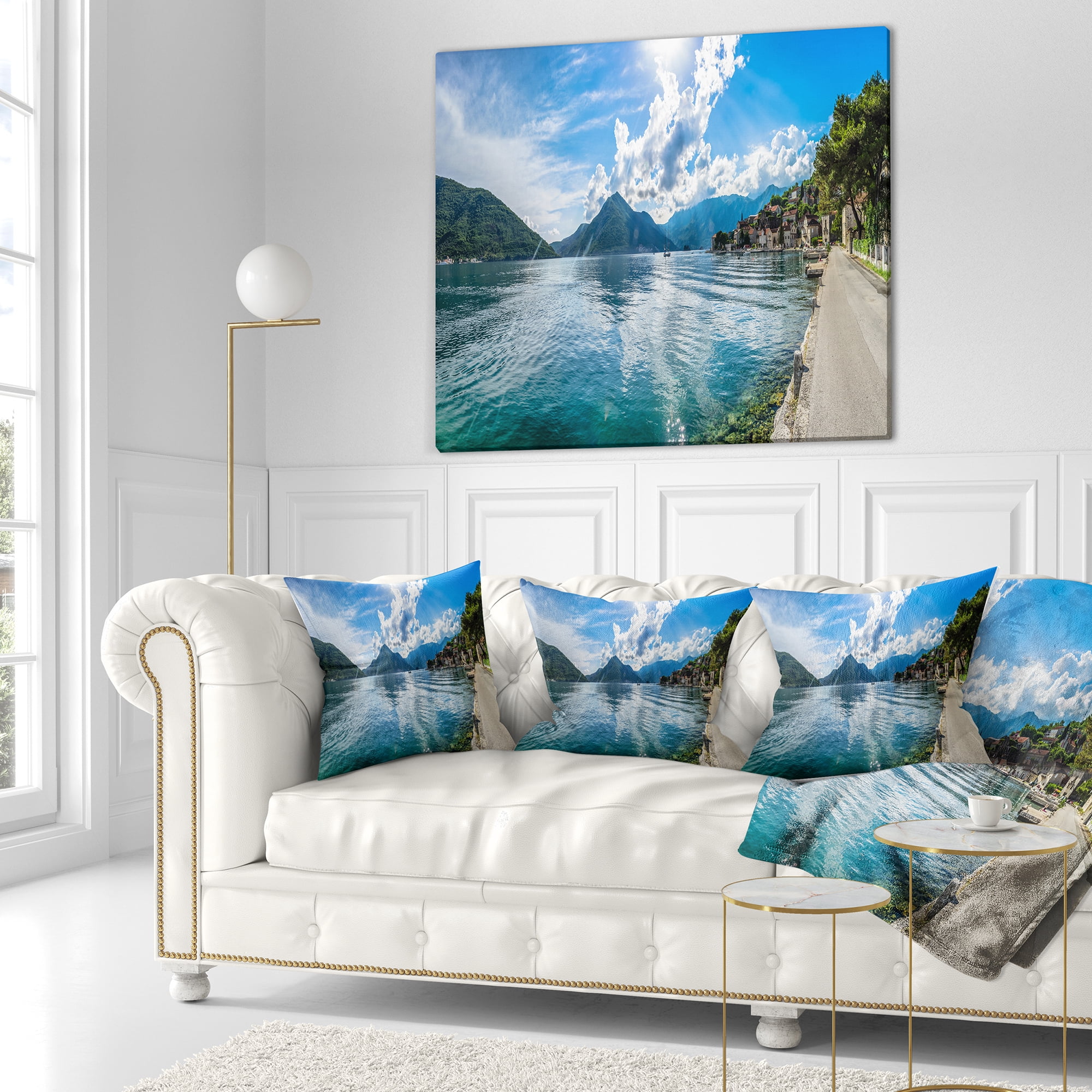 Designart Kotor Bay on Summer Day Panorama - Landscape Printed Throw Pillow - 16x16