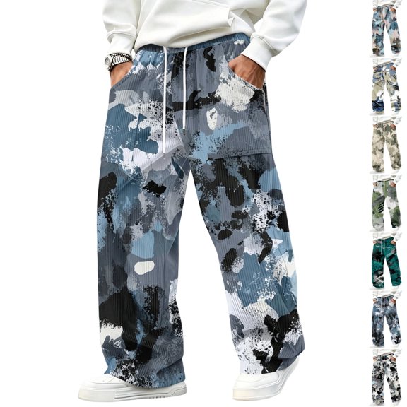 GrmtClth Men's Camo Corduroy Pants Wide Leg Fashion Casual Sweatpants | Loose Fit Baggy Straight Elastic Drawstring Waist with Pockets L