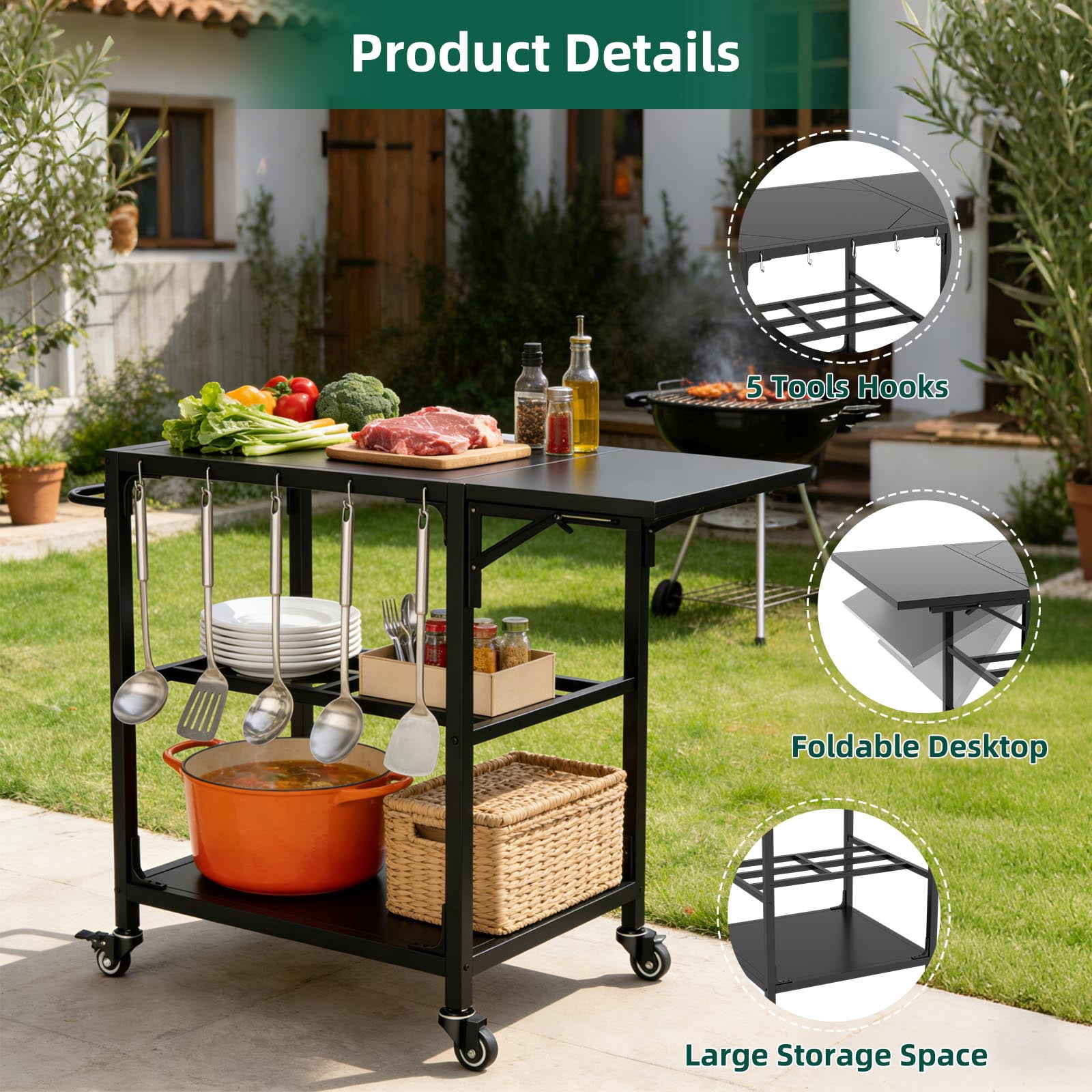 Outdoor Grill Table Compatible with Large Big Green Egg, Heavy Duty Metal Kamado Cart with Wheels, Storage Shelf, Hooks and Removable Central Cover for 21-26 Inch Kamado Style Grill