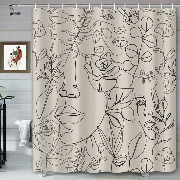 Abstract Face Shower Curtain, Black Lines Women Face Floral Butterfly Silhouette Minimalist Art Aesthetic Bathroom Decor Curtains, Fabric Polyester Waterproof Shower Curtain Sets with Hooks