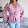 thumbnail image 2 of USSUMA Long Sleeve Shirts for Women Trendy Casual , Women’s Swiss Dots Tops Long Sleeves Shirts V-Neck Elastic Waist Sheer Ruffle Tie Knot Front Peplum Blouse Fall Female, 2 of 7