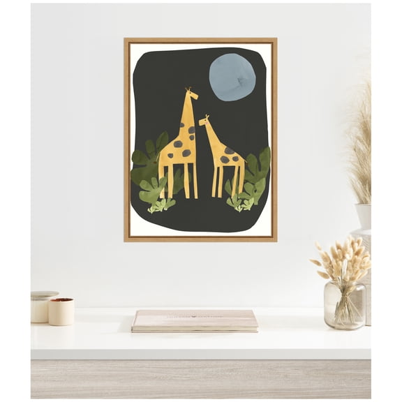Kate and Laurel Framed Canvas Wall Art Print Giraffes Under The Moon by Alicia Abla, 18 x 24 Sylvie Natural Frame, Whimsical, Animal Art for Wall Decor