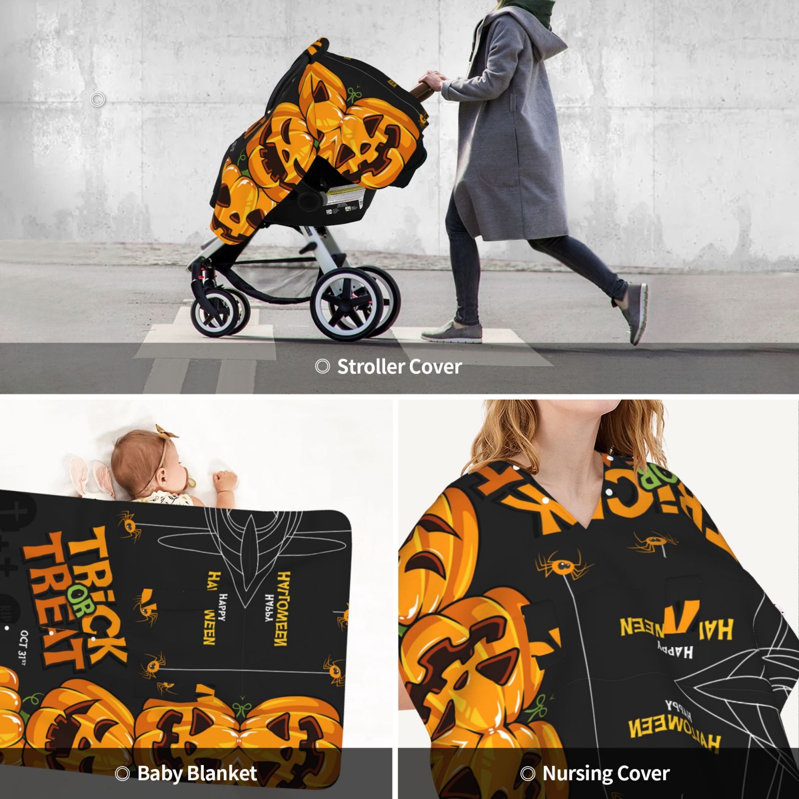 Car Seat Cover Baby - Halloween Pumpkin Trick or Treat (2) Breathable Infant Car Seat Cover for Baby Carseat, Lightweight Comfort Baby Essentials Must Haves Newborn Stuff for Girl Boy