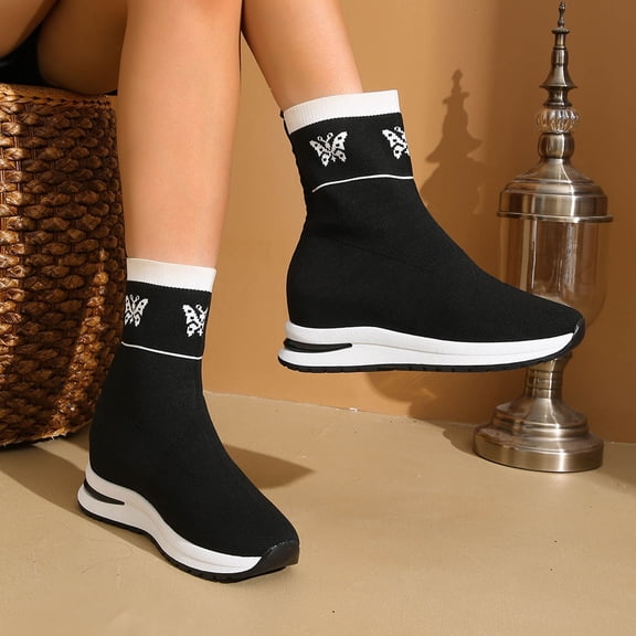 Roncen Women's Winter Knit Stretch Casual Ankle Boots - Solid Color Round Toe Thick Sole Wedge Heel Shoes for Warm Comfort