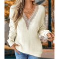 thumbnail image 6 of Womens Long Sleeve Sweaters Fall Trendy Lace V Neck Knit Drop Shoulder Pullover Sweater Jumper Tops Cream White L, 6 of 9