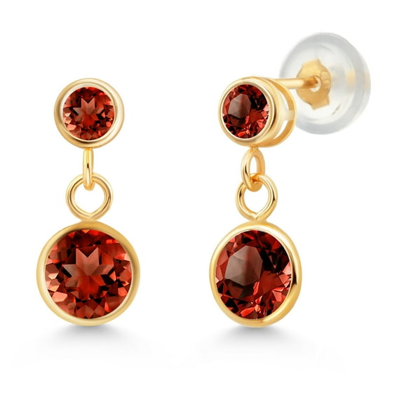 Gem Stone King 14k Yellow Gold Red Garnet and Red Garnet Two Stone Dangle Earrings for Women (2.30 Cttw, Gemstone January Birthstone, Round 6MM, Round 3MM)
