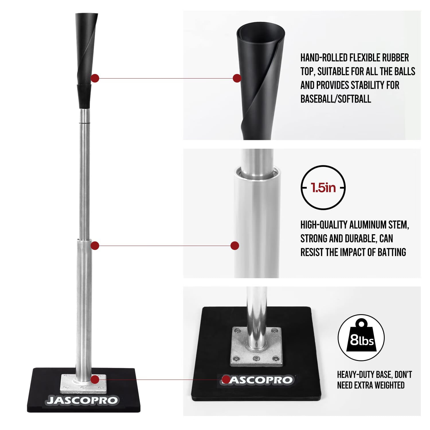 CureCalor Metal Baseball Batting Tee, 24-46" Adjustable Height, Handrolled Flexible Rubber Top