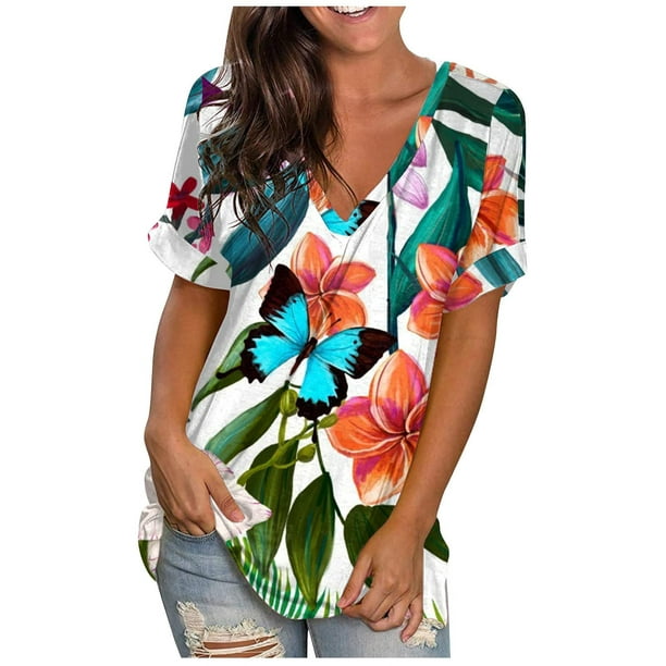 Tunic Tops for Women Loose Fit Dressy V-Neck Short Sleeve Retro Printed  Pullover Blouse T-shirt Womens Summer Tops