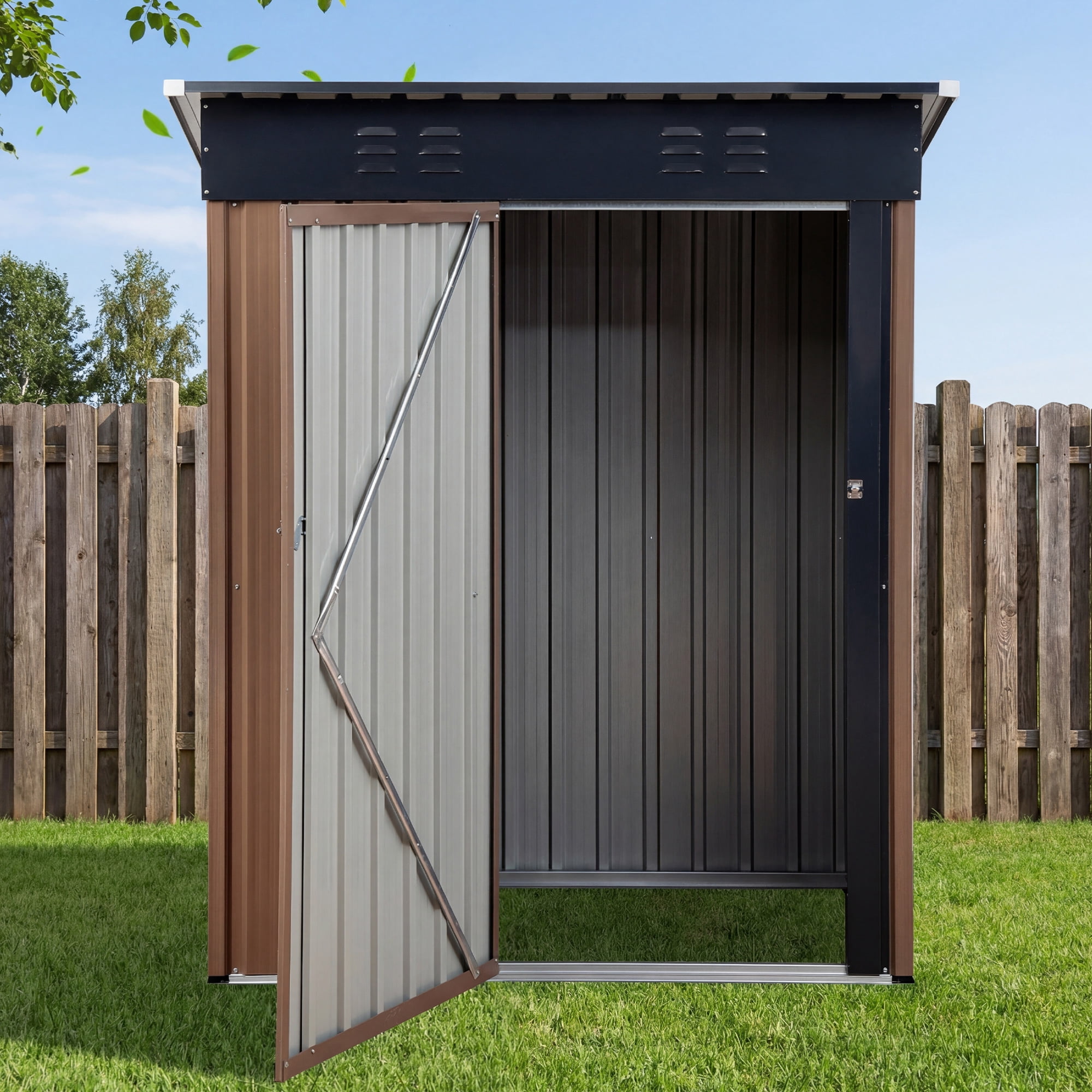 EDX 5' x 3' Outdoor Metal Storage Shed with Lockable Door – Sloped Roof & Galvanized Steel, Brown