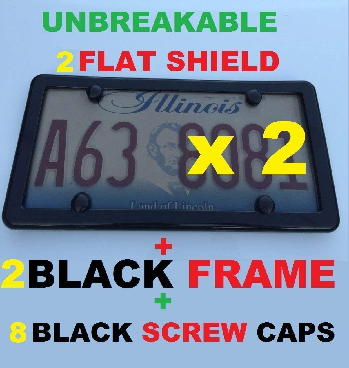 2 Black Frames + 2 Flat Unbreakable Tinted Smoke License Plate Shield